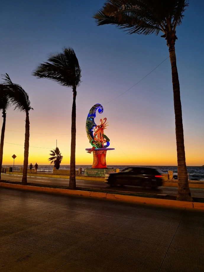 a car driving down a street next to palm trees